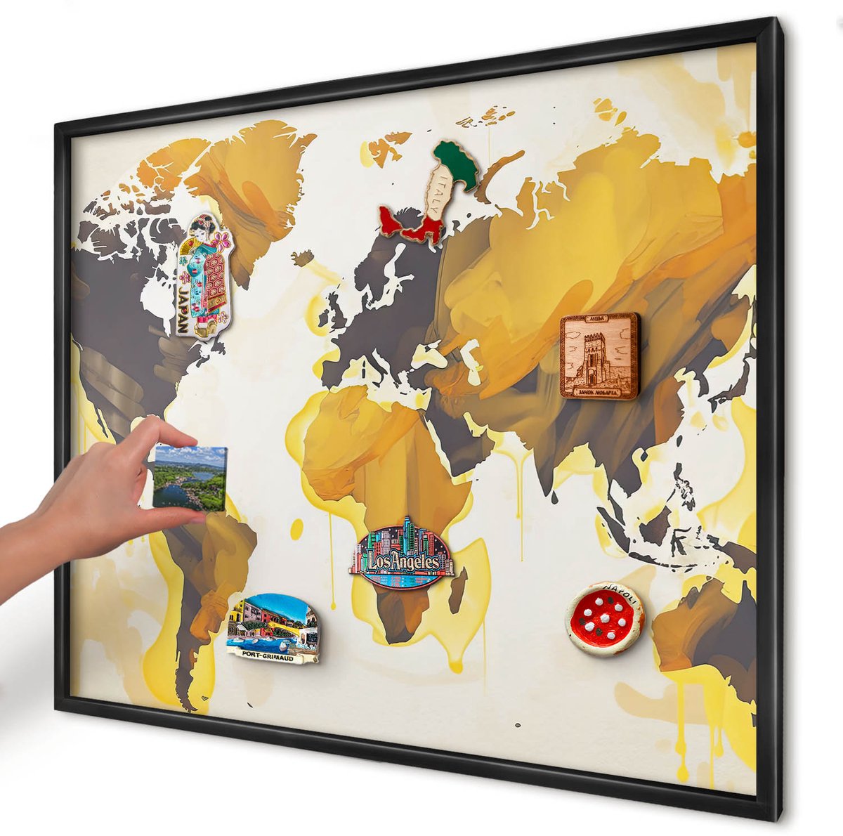 Artprintcave Geel Magneetbord mit Zwart Frame - 80x60 cm - Wereldkaart Magnetisch Bord Voor Magneten - Abstract Wandbord Magnetisch - Kaarten