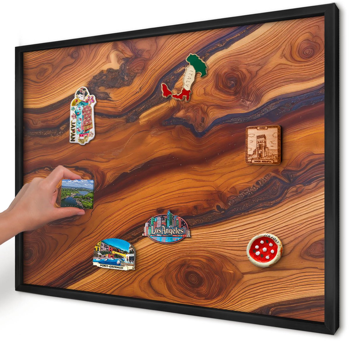 Artprintcave Bruin Magneetbord mit Zwart Frame - 70x50 cm - Houten Ringen Magneetbord Voor Foto's - Rustiek Magnetische Organizer - Texturen