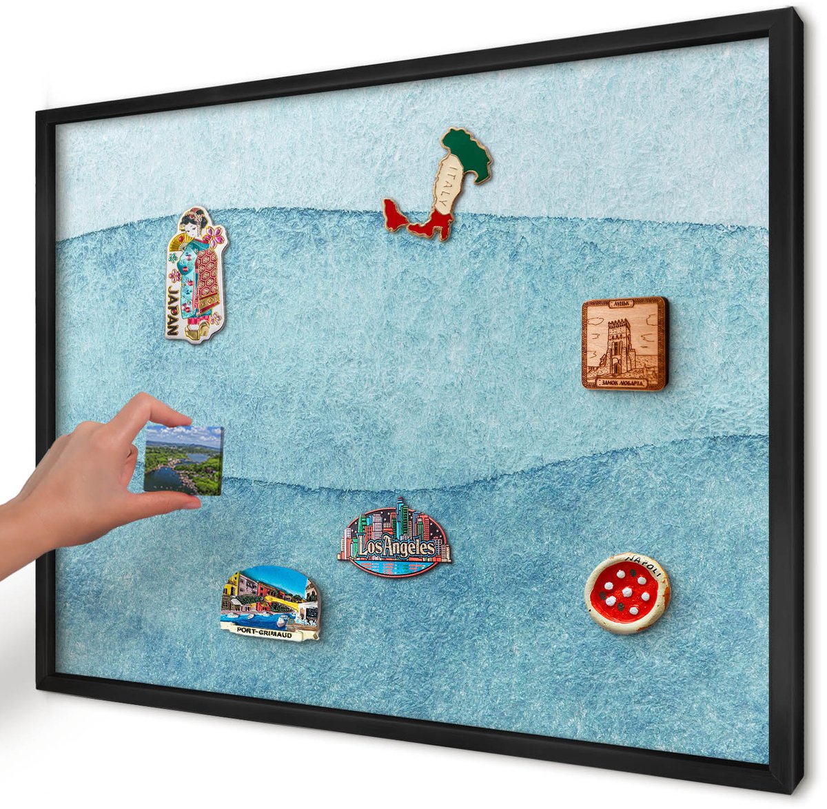 Artprintcave Blauw Magneetbord mit Zwart Frame - 70x50 cm - Blauwe Golven Memobord Keuken - Abstract Magnetische Organizer - Abstractie