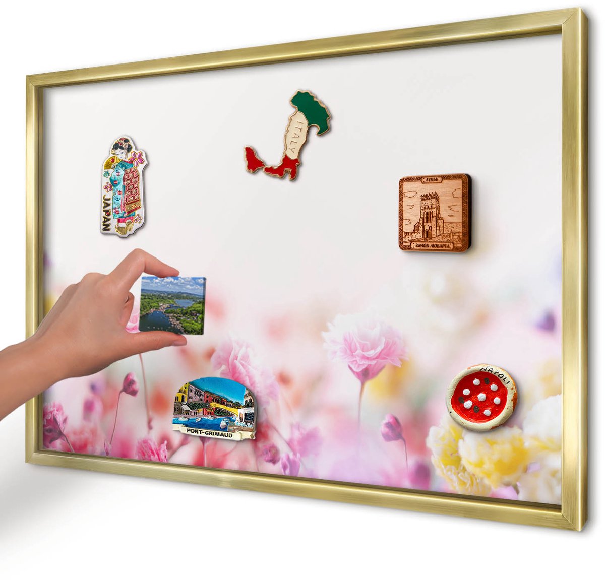 Artprintcave Roze Magneetbord mit Gouden Frame - 60x40 cm - Pastelkleurige Bloemen Magnetische Organizer - Abstract Magnetisch Bord Voor Magneten - Bloemen En Planten