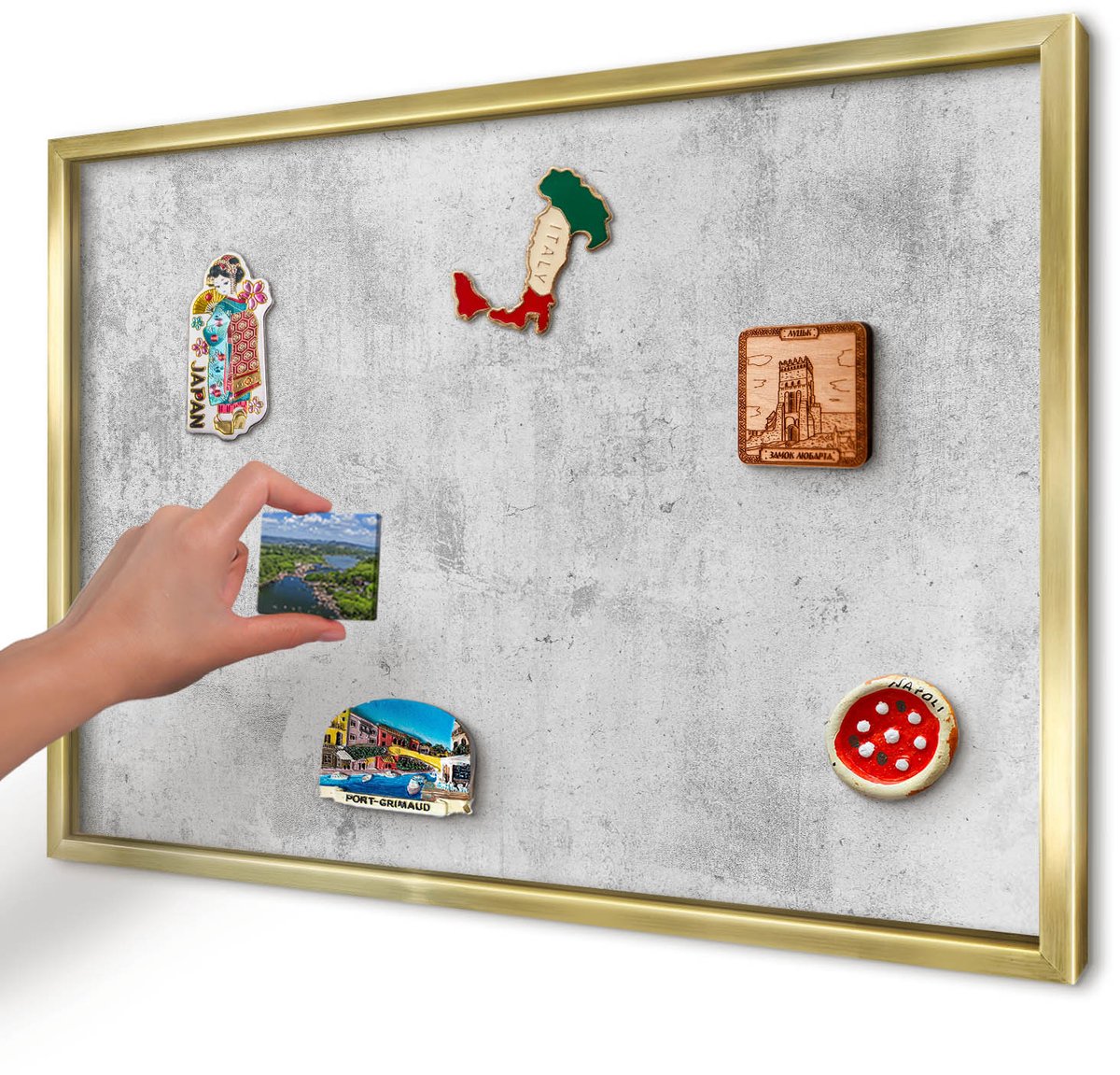 Artprintcave Grijs Magneetbord mit Gouden Frame - 60x40 cm - Ruw Beton Memobord Keuken - Industrieel/Loft Magneetbord Voor Foto's - Texturen