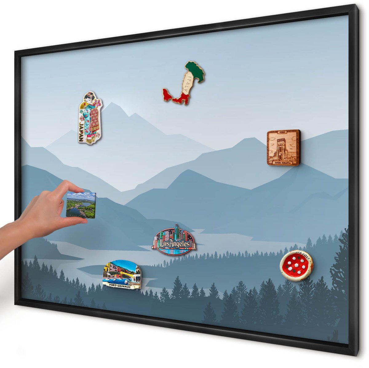 Artprintcave Blauw Magneetbord mit Zwart Frame - 100x70 cm - Berg Harmonie Magneetbord Voor Foto's - Abstract Magnetisch Bord Voor Magneten - Landschappen