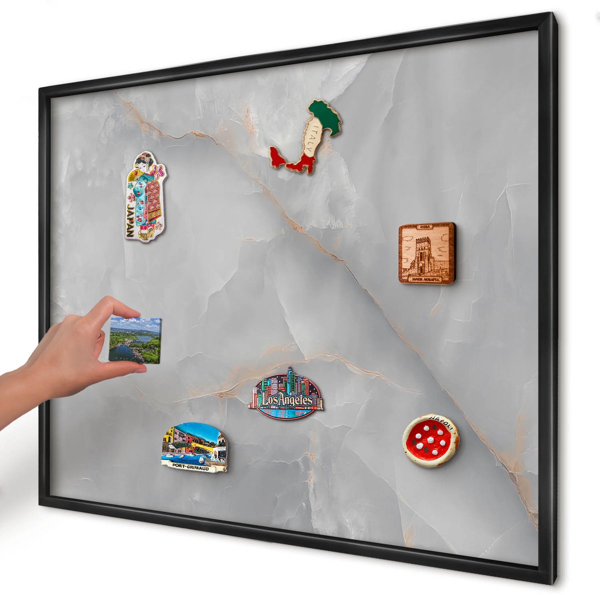 Artprintcave Grijs Magneetbord mit Zwart Frame - 80x60 cm - Grijze Aderen Notitiebord - Minimalist Memobord Keuken - Texturen