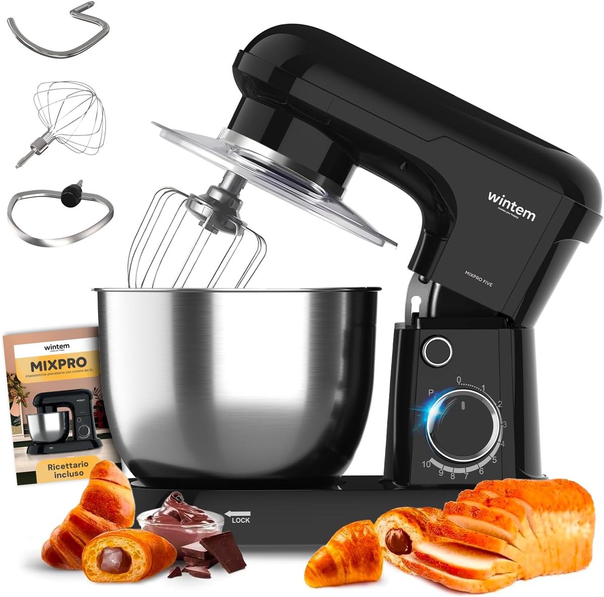 SnelShoppen - Avilia Planetaria 1900 W Kneedmachine 6.5L Multifunctionele Keukenmachine Stil 6 Snelheden + Pulse 3 Accessoires voor Brood en Taart