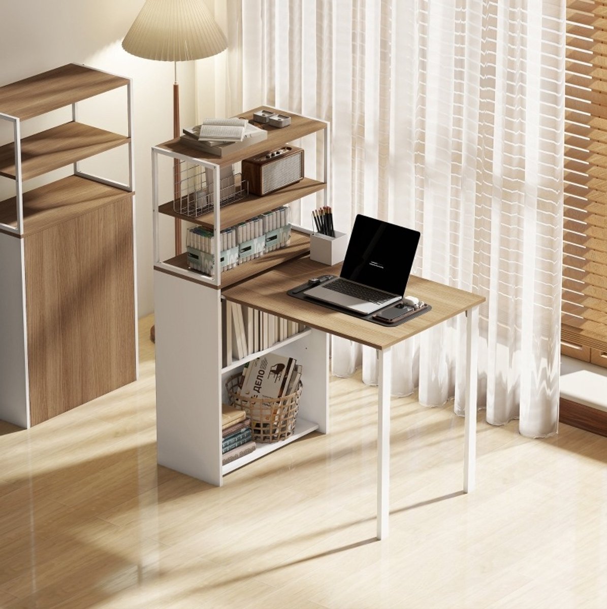 COVREO Bureau 105 x 60 x 127 cm, Natural Wood, van spaanplaat met opbergruimte