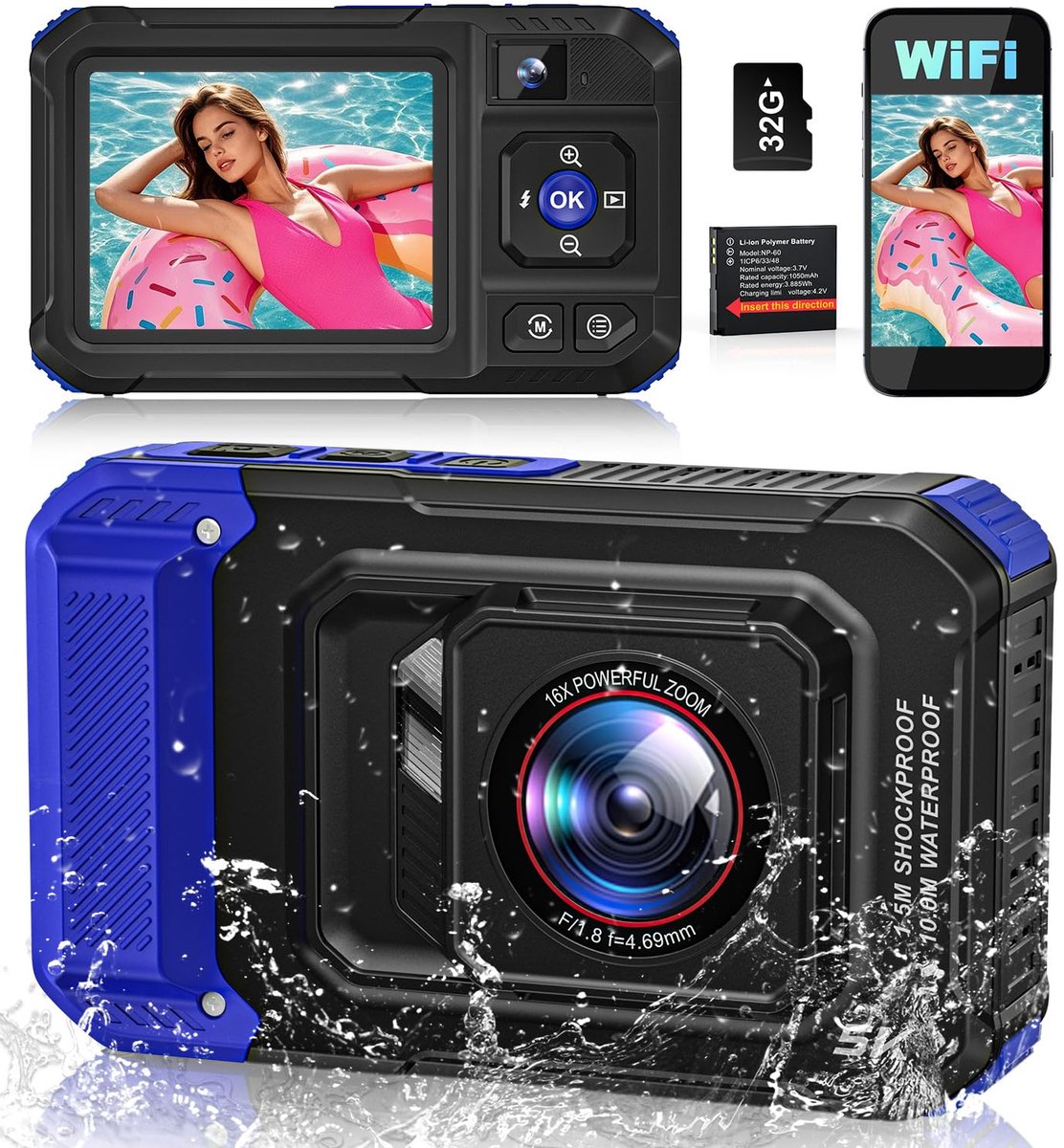 SnelShoppen - Onderwatercamera 5K 96MP Digitale Waterdichte Camera tot 10 meter met Autofocus Wifi, 32GB Geheugenkaart, Dubbel Scherm Selfie en 16X Zo
