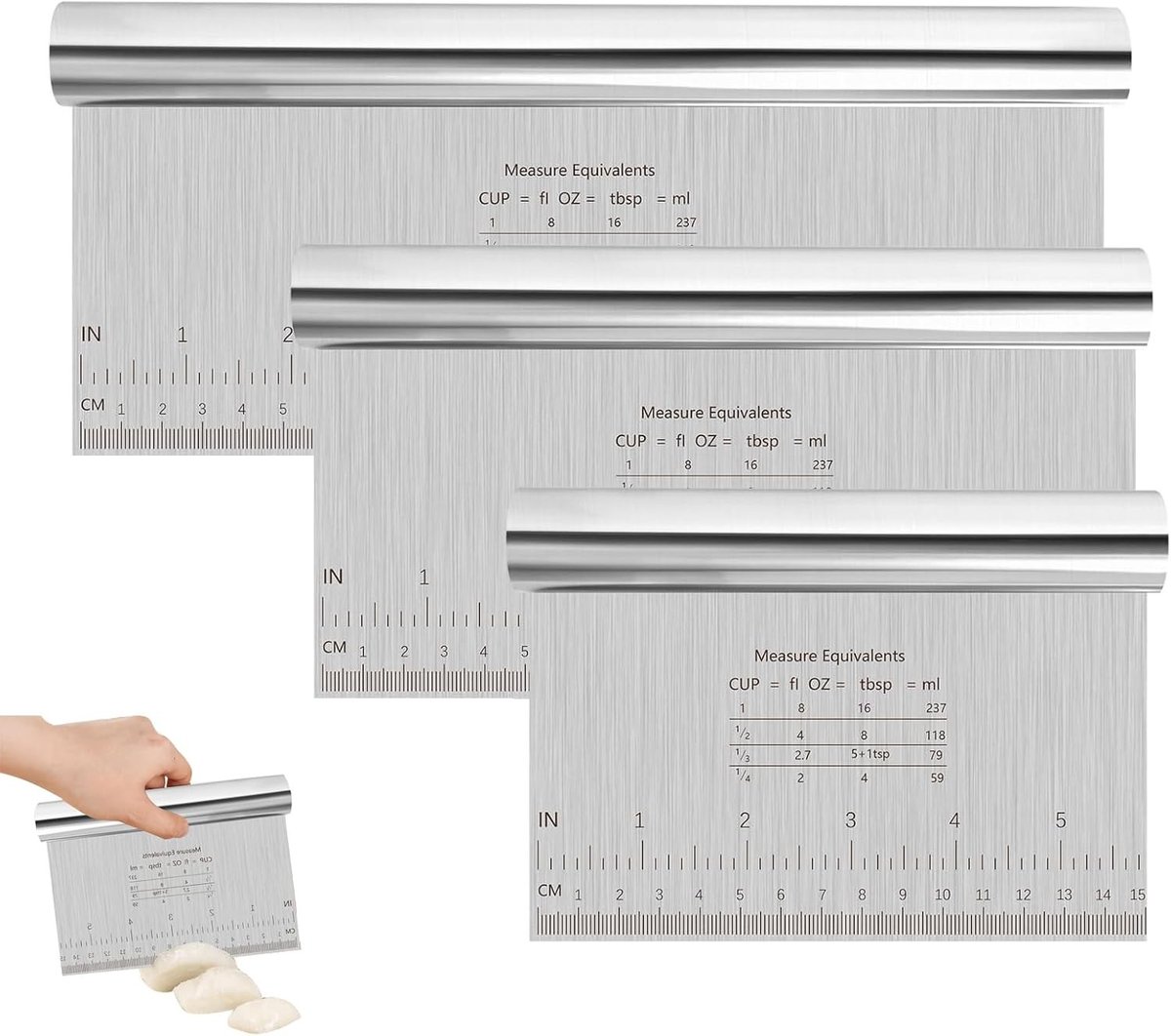Deegschrapers - Zilver - 25 x 11 cm, 20 x 11 cm, 15 x 11 cm - Roestvrij Staal met Meetschaal - Voor Bak- en Keukenwerkzaamheden