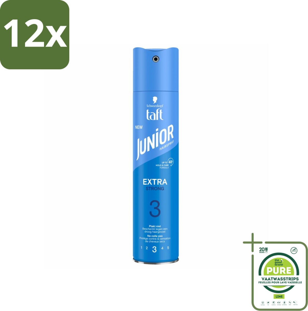 Taft - Extra Strong 3 - Junior Haarspray - Stevige kindvriendelijke fixatie - 250 ml - Voordeelverpakking - 12 stuks - Haarspray voor kinderen - Kinderhaarspray