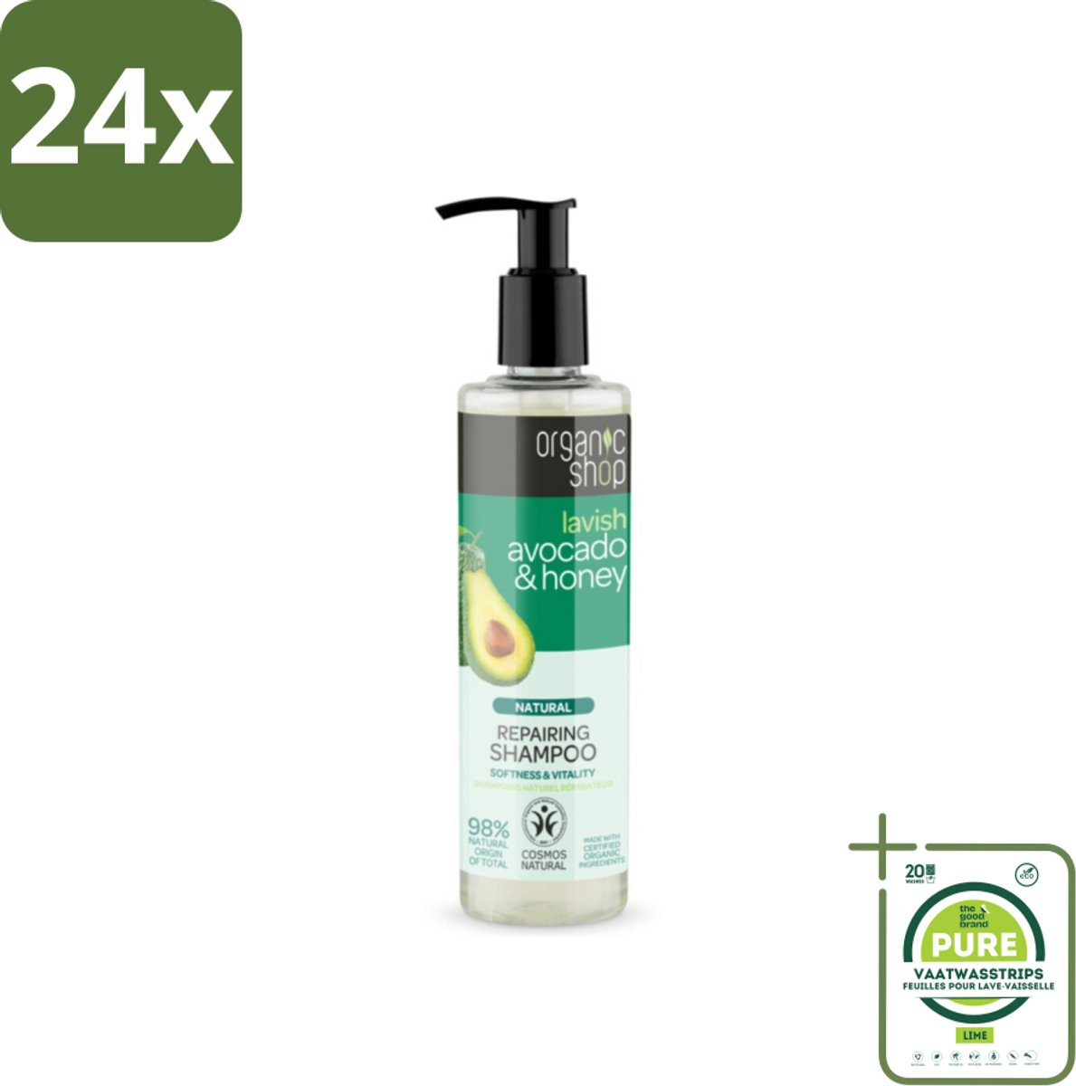 Organic Shop - Natural Repairing Shampoo - Avocado & Honey - Hydraterend en Herstellend - 280 ml - Voordeelverpakking - 24 stuks - Organische shampoo - Avocado shampoo
