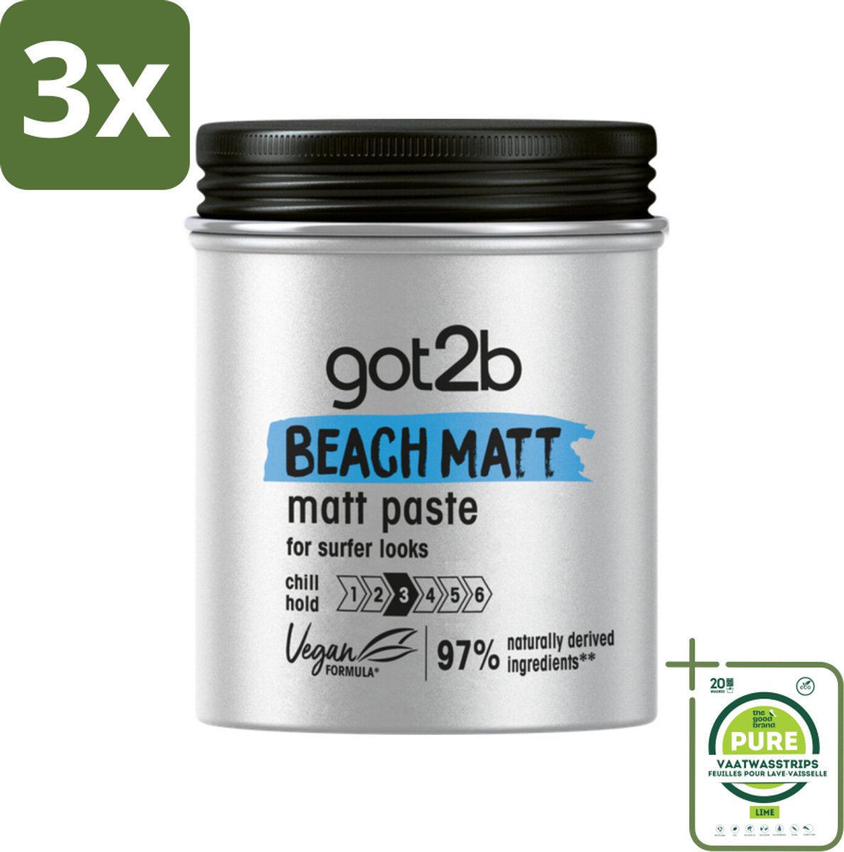 3 x Got2B - Styling Paste - Beach Matt - 100 ml - Grootverpakking - Beach Look - Matte Styling - Surfer Look - Natuurlijke Styling - Vegan Styling