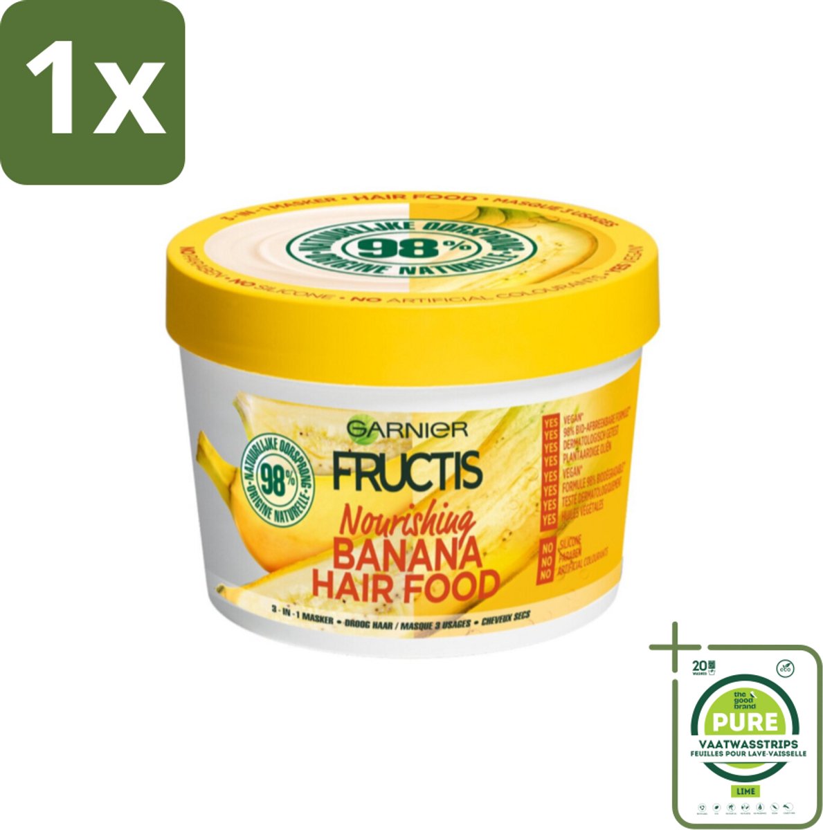 1 x Garnier - Fructis Hair Food Banana - 3-in-1 Haarmasker - Voedend - Droog Haar - 400 ml - Haar Masker - Kokosmelk Masker - Macadamia Masker - Droog Haar Masker - Normaal Haar Masker