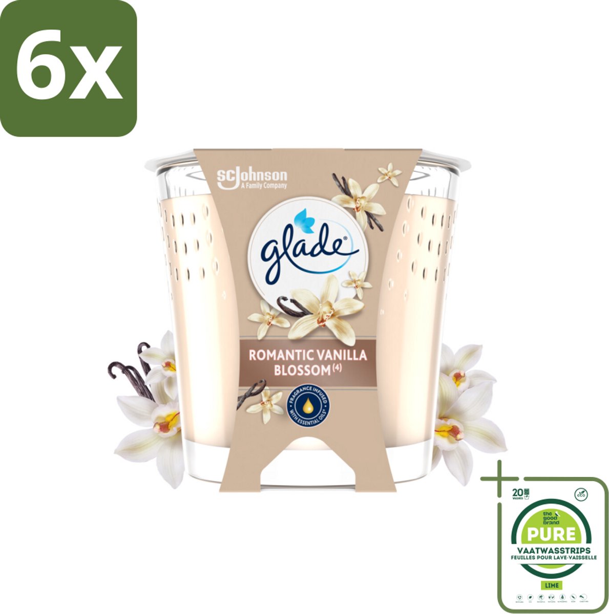 Glade - Geurkaars Romantic Vanillebloesem - 100% Raapzaadwas & Vegan - 112 g - Voordeelverpakking - 6 stuks - Geurkaars - Vanille geur