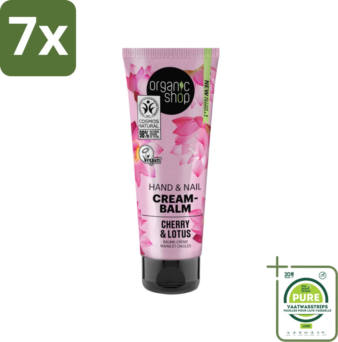 7 x Organic Shop - Hand & Nail Cream - Cherry & Lotus - Verzorgend en Hydraterend - 75 ml - Grootverpakking - Biologische Handcrème - Japanse Spa - Handverzorging - Nagels Verzorgen - Hydraterende Crème