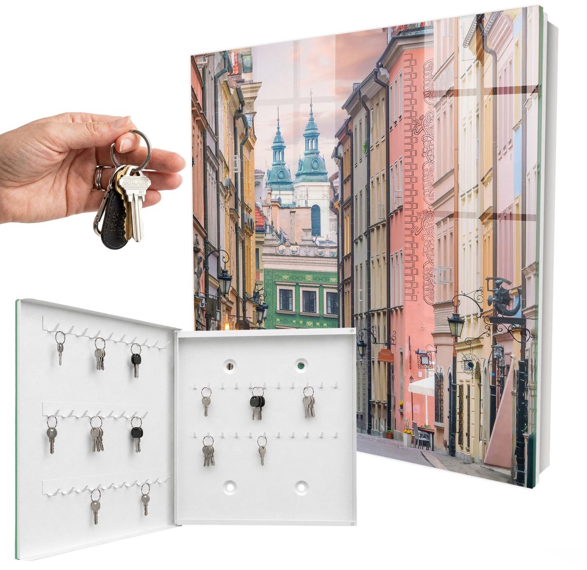 WallMuralia - Sleutelkast - 30x30x5 cm - met 50 haken - Kleurrijke Huurkazernes Sleutelkastje Binnen - Roze Sleutelbox - Linksopenend - Wit interieur