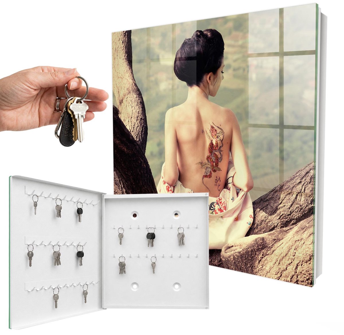 WallMuralia - Sleutelkast - 30x30x5 cm - met 50 haken - Harmonie Van De Natuur Sleutelkastje Voor Binnen - Bruin Sleutelbox - Linksopenend - Wit interieur