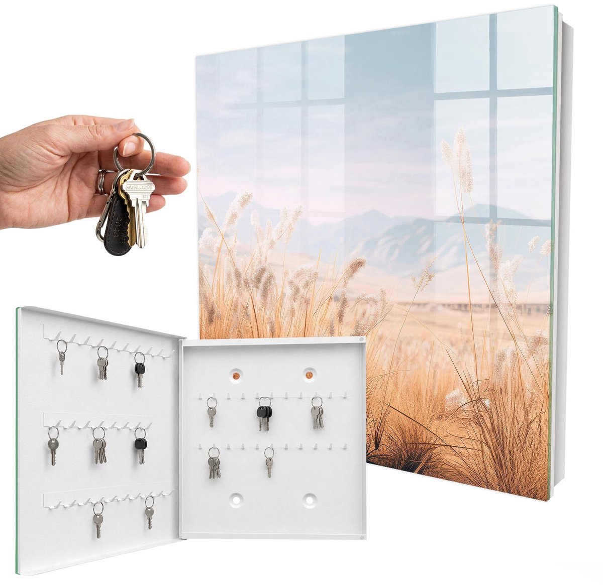 WallMuralia - Sleutelkast - 30x30x5 cm - met 50 haken - Graslandschap Leuk Sleutelkastje - Beige Sleutelbox - Linksopenend - Wit interieur