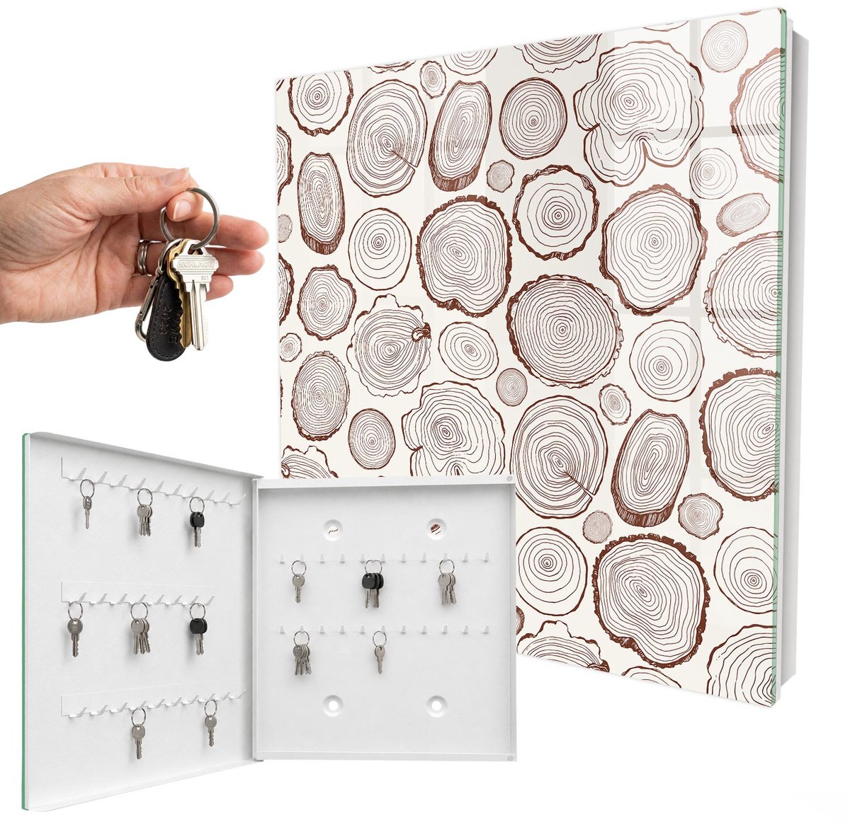 WallMuralia - Sleutelkast - 30x30x5 cm - met 50 haken - Houten Ringen Sleutelkastje Voor Binnen - Bruin Sleutelbox - Linksopenend - Wit interieur