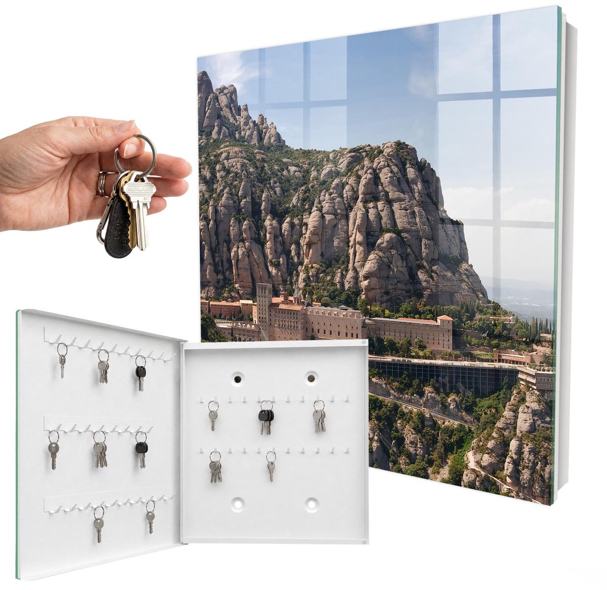 WallMuralia - Sleutelkast - 30x30x5 cm - met 50 haken - Bergarchitectuur Sleutelkastje Hal - Grijs Sleutelbox - Linksopenend - Wit interieur