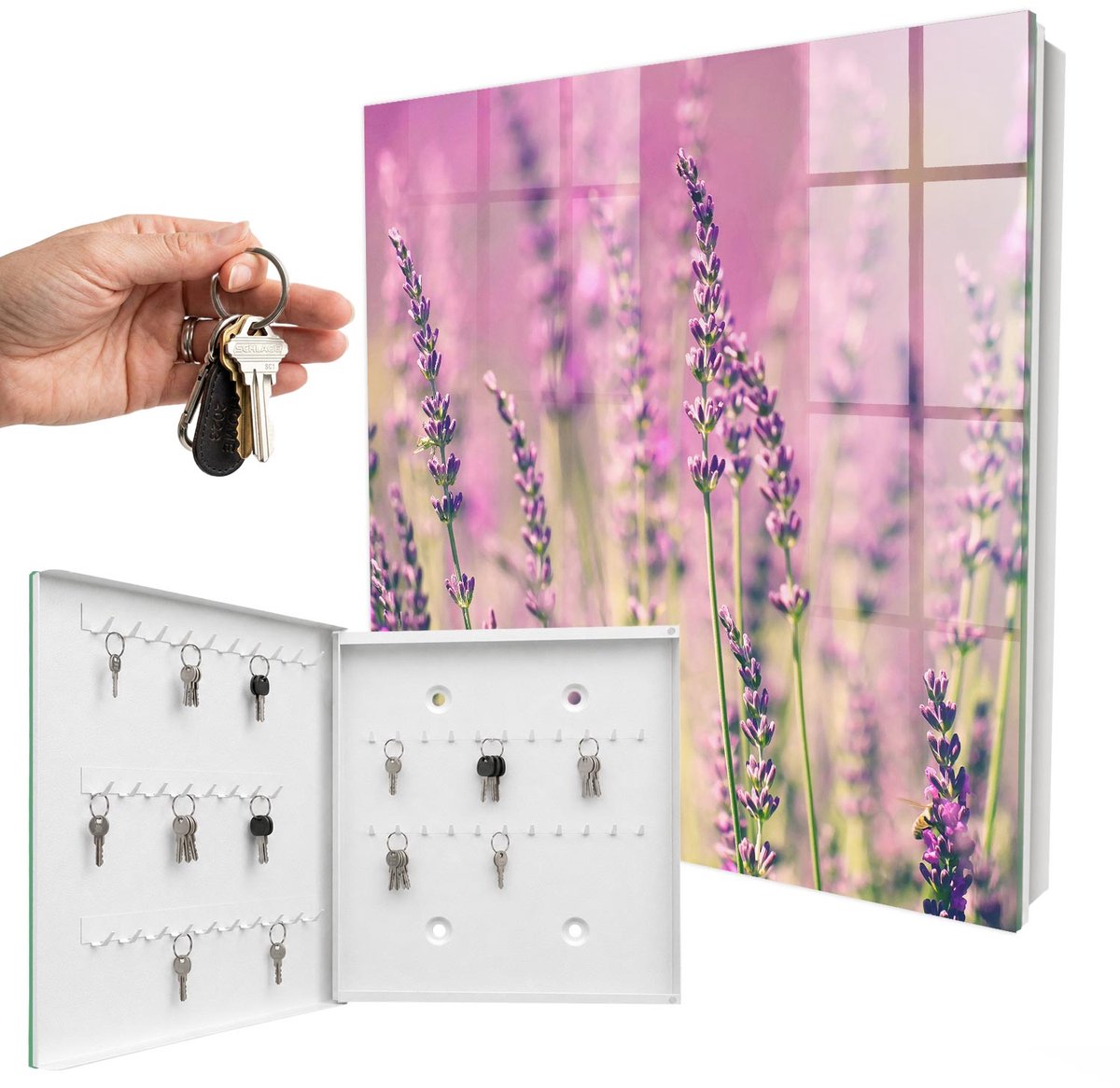 WallMuralia - Sleutelkast - 30x30x5 cm - met 50 haken - Paarse Tuin Sleutelkastje - Paars Sleutelbox - Linksopenend - Wit interieur