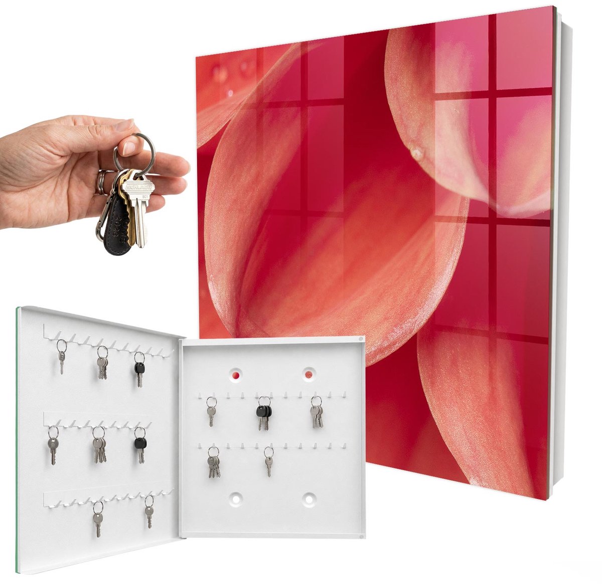 WallMuralia - Sleutelkast - 30x30x5 cm - met 50 haken - Bloemige Intimiteit Sleutelkastje Muur - Rood Sleutelbox - Linksopenend - Wit interieur