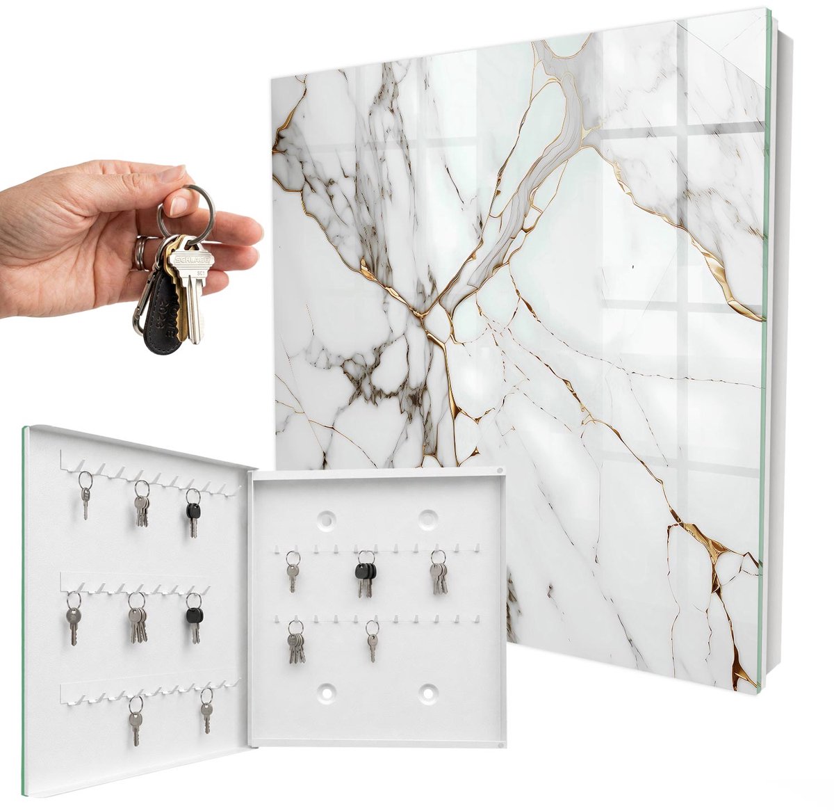 WallMuralia - Sleutelkast - 30x30x5 cm - met 50 haken - Marmeren Elegantie Design Sleutelkastje - Wit Sleutelbox - Linksopenend - Wit interieur
