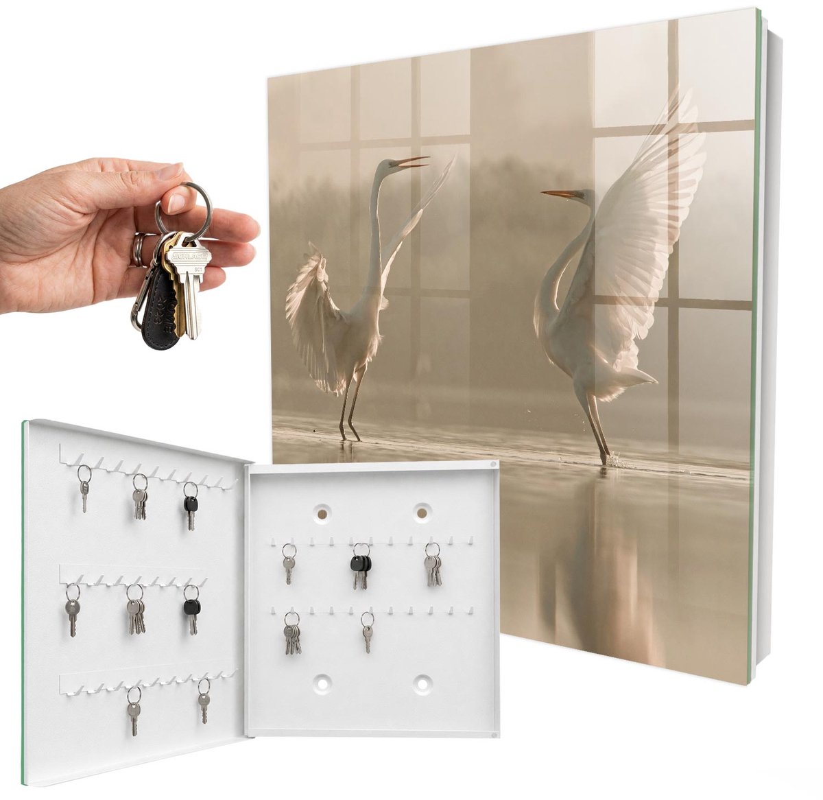 WallMuralia - Sleutelkast - 30x30x5 cm - met 50 haken - Vogeldans Sleutelkastje Landelijk - Beige Sleutelbox - Linksopenend - Wit interieur