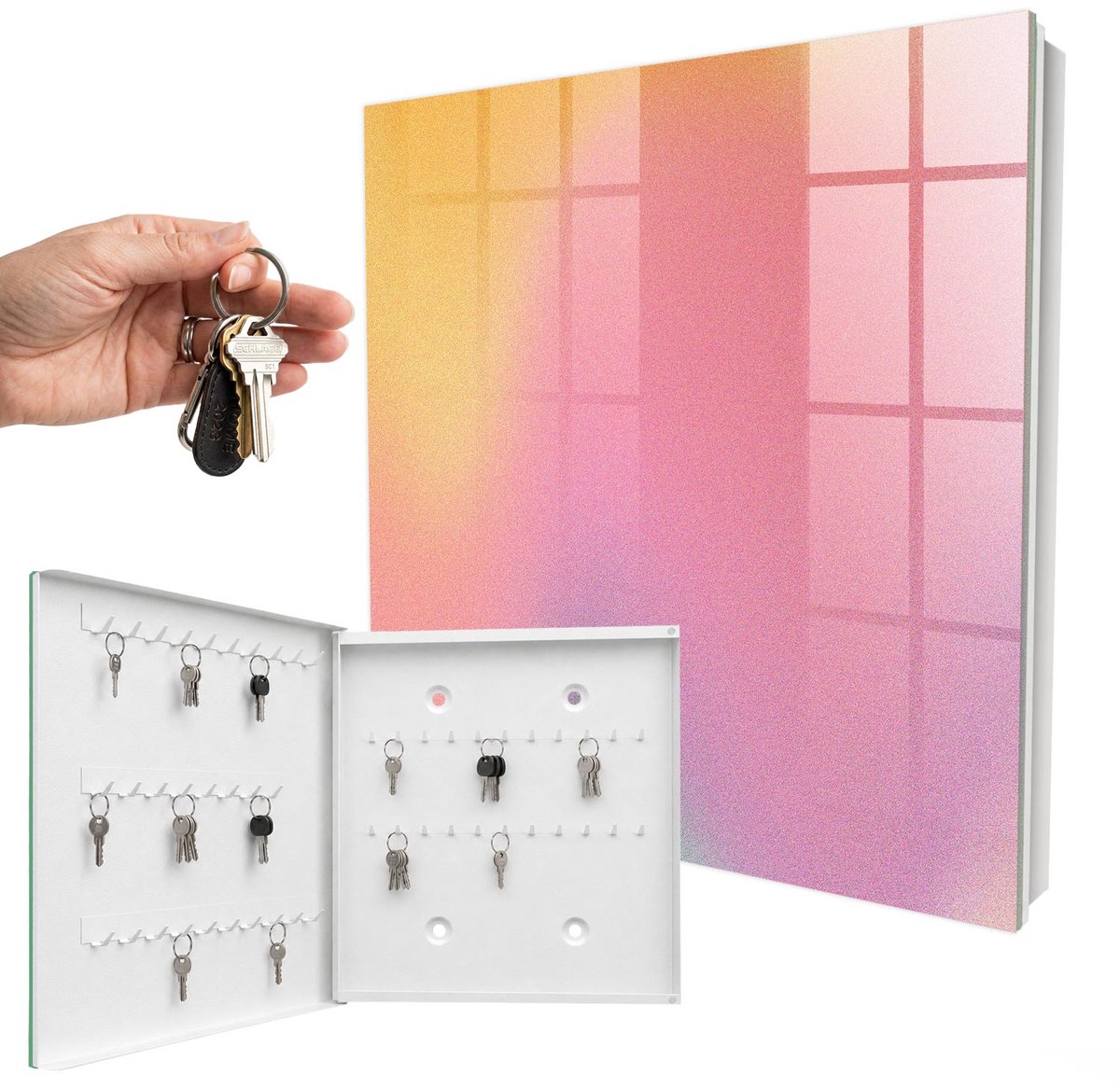 WallMuralia - Sleutelkast - 30x30x5 cm - met 50 haken - Kleurrijk Verloop Sleutelkastje - Roze Sleutelbox - Linksopenend - Wit interieur