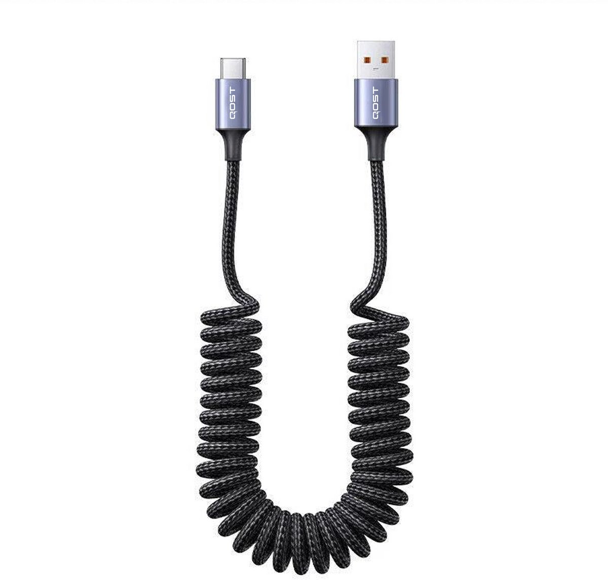 Qost - Uitrekbare USB-A naar USB-C Krul Kabel - 1 Meter - Spacegrey - Spiraalkabel - 12W Fast Charge 5V/2.4A - 480Mbps Dataoverdracht