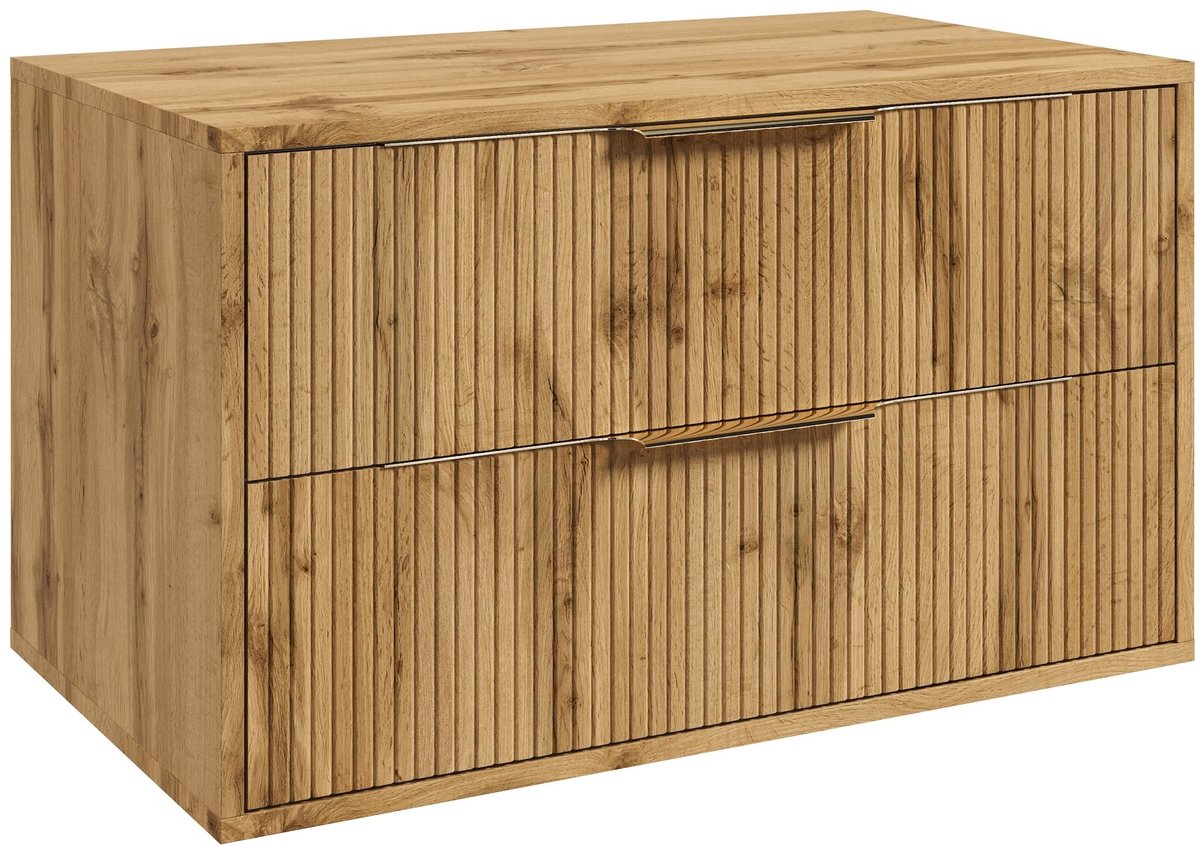 Badplaats Wastafelkast Rimini 80 cm – Eiken – Hangend Badmeubel met 2 Lades en Gouden Handgrepen