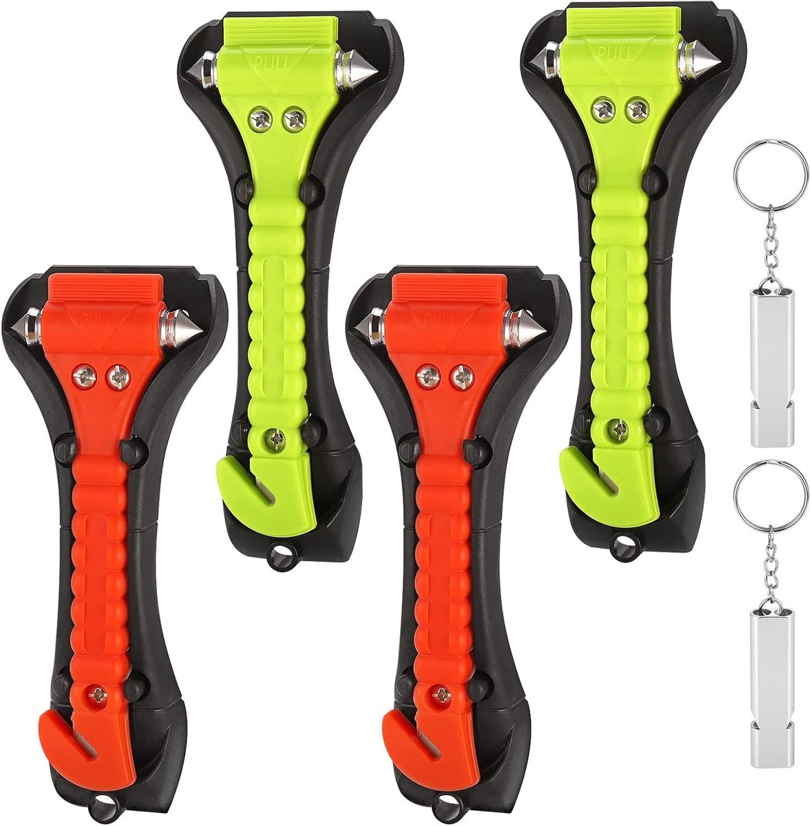 4 stuks Autoraambreker, Auto-Noodhamer Gordelsnijder, 2-in-1 Raamhamer Auto Ontsnappingshulpmiddel, Veiligheidshamer Auto, Essentiële Auto Glasbreker, Auto-Noodkit met 2 Fluitjes