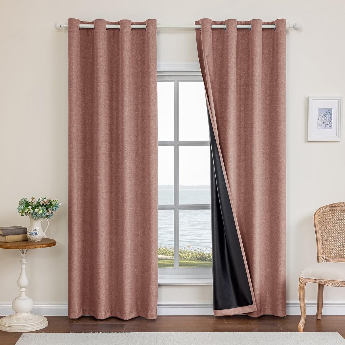 100% Verduisterend Linnen Effect Gordijnen Set Van 2, 140x245cm, Ondoorzichtig Warmte-Isolerende Thermische Gordijnen Met Ringen, Geluidsbescherming, Voor Slaapkamer Woonkamer, Roodbruin