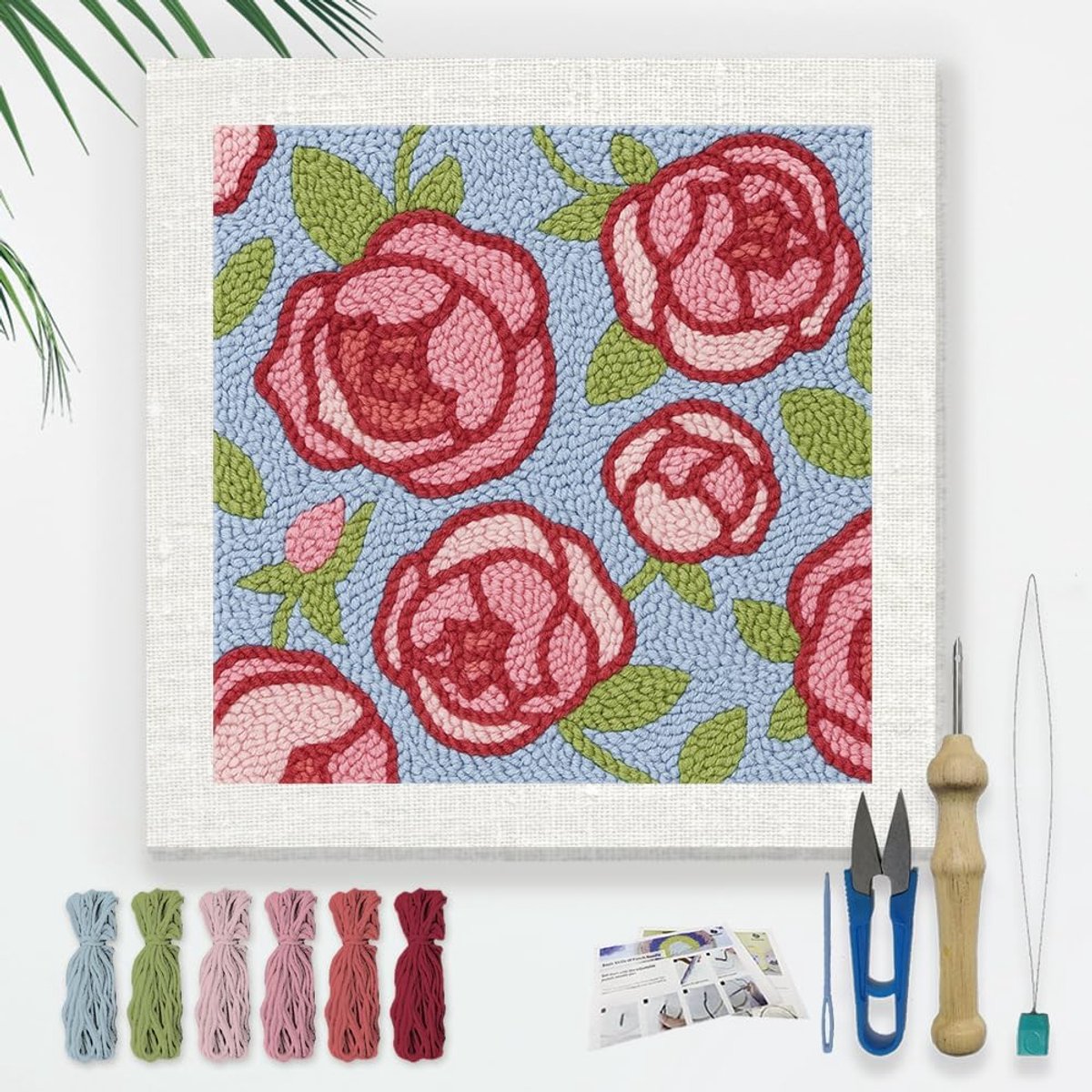 Rozenbloemen borduurset om zelf te maken met punch naald voor volwassenen beginners 24 cm rode rozen punch stiksels knutselset voor beginners met frame stofpatroon insteker garen gatennaald