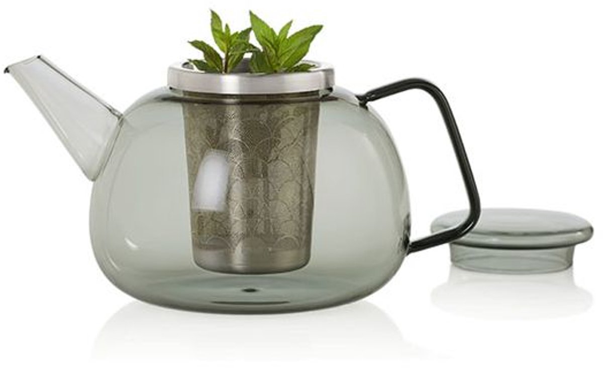 AdHoc Yuna Theepot - Extra Groot 1,6 L - Grijs - Met RVS Theefilter - Hittebestendig Glas