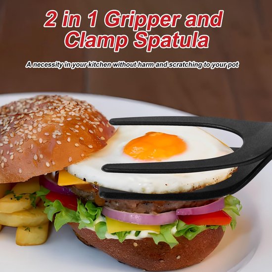2 in 1 Eierspatel, Antiaanbaklaag Nylon Gebakken Eierdraaiers 2 in 1 Spatel en Tang voor koken Omklapbare Spateltang Grillklemflipper 2 in 1 Schep Keukengereedschap voor Toast Taart (Zwart) — afbeelding 2