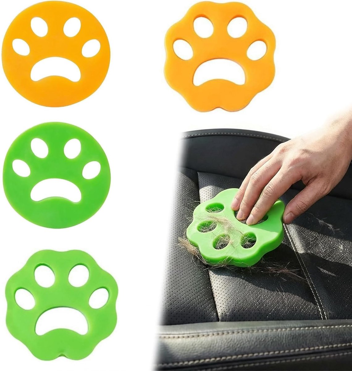 Set van 4 huisdierenhaarverwijderaar voor wasmachine, 2 groene cirkels en 2 gele bloemvormen, herbruikbare katten- en hondenhaarvanger voor wasgoed, droger, auto en meubels, pluisjes en