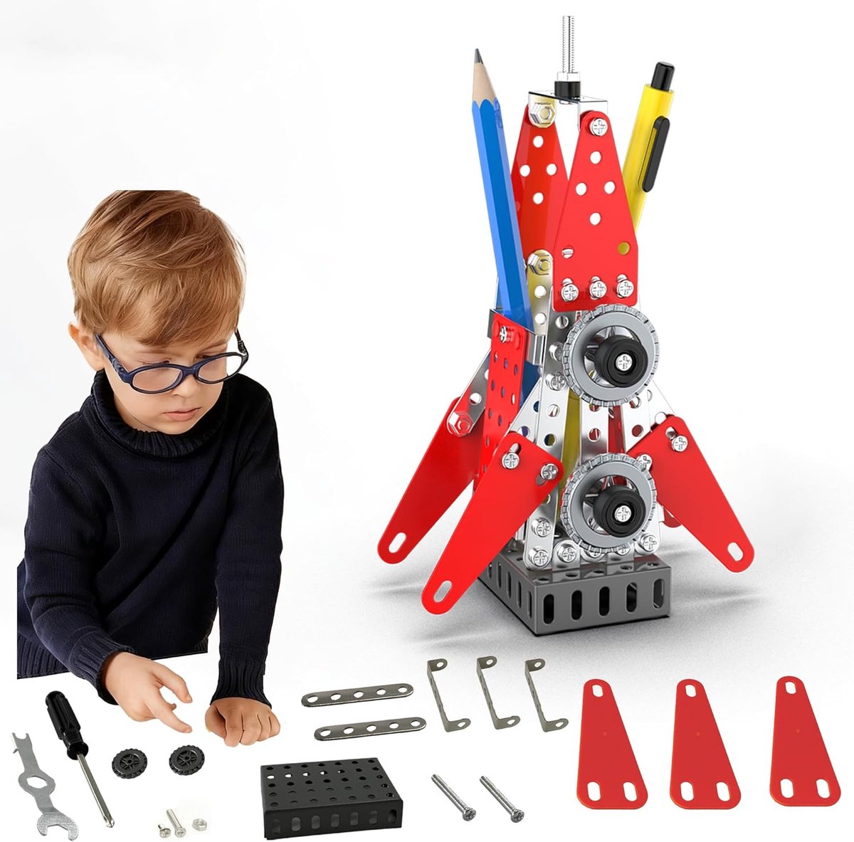 metalen constructieset: 3D modelbouwpakket | technisch speelgoed vanaf 8 jaar | ouder-kind activiteit & creatief cadeau (raket potloodhouder)