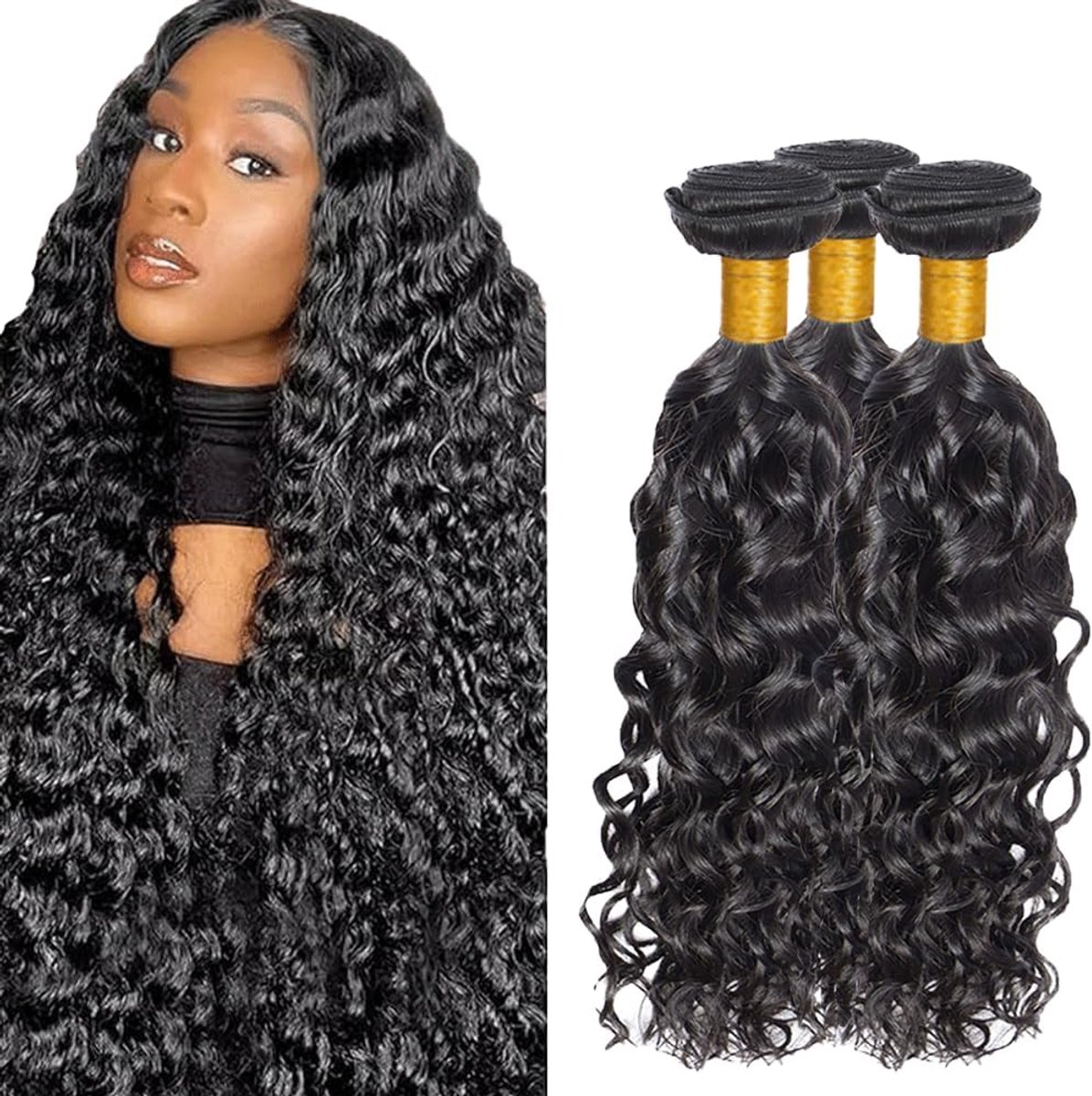 Hair Bundles Water Wave Hair Natural Black Bundles Human Hair Extensions Double Weft for Women Minimal Smell for Women 3 Bundles12 14 16 Inch
