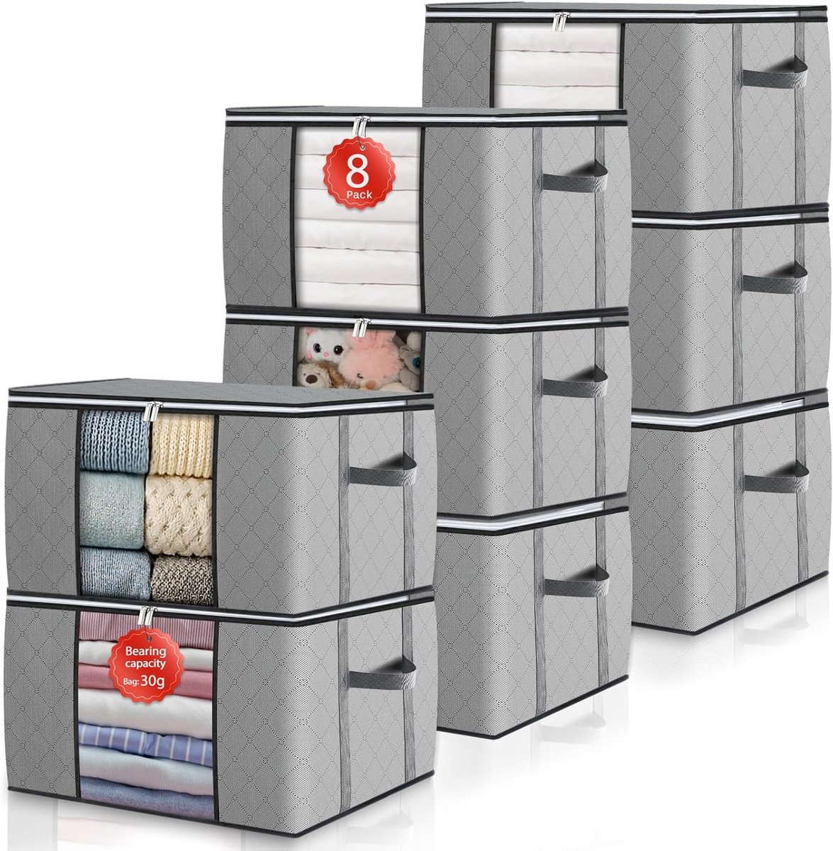 90 l opbergdoos, 8 stuks, opbergdoos met deksel, grote versterkte handgrepen, kleding verhuisdozen voor dekbedden, onderbed, opslag, kledingkast, boxen, organizer, grijs