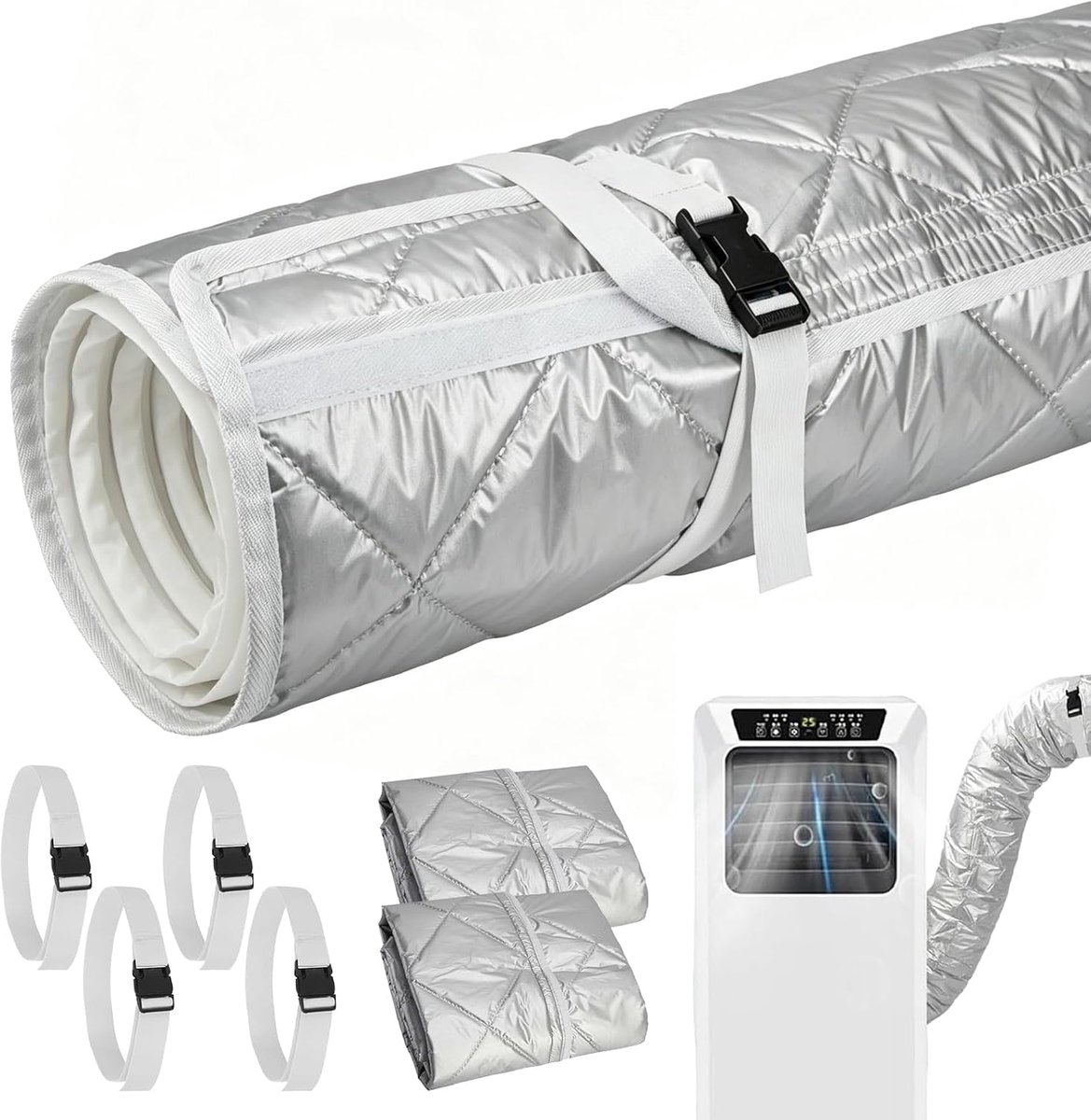 isolatie voor airconditioning, set van 1 slangafdekking 150 x 50 cm, isolatiehoes voor mobiele airconditioning, voor afvoerslang ca. 5-6 inch, met bevestigingsband (set van 2)