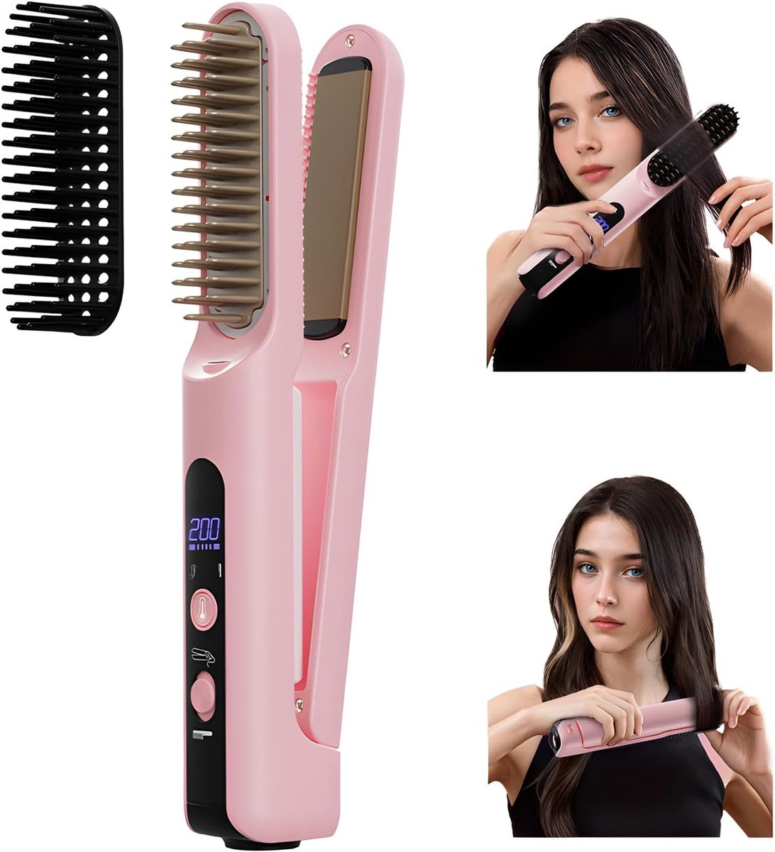 Stijltangborstel - 2-in-1 ionische haarstijlborstel - Keramische verwarmde kam - 4 warmtestanden - Voor kort haar - Voor dames - Draagbaar - Roze