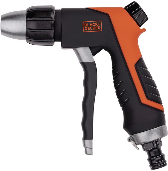 Zwart en oranje BLACK+DECKER spuitpistool met metalen accenten.