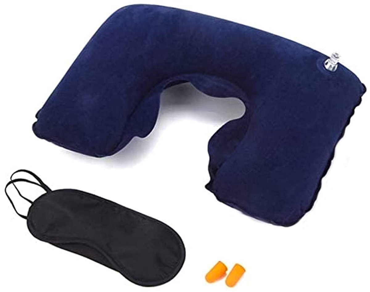 Nekkussen - 3-in-1 reiskussen set - Opblaasbaar nekkussen / Slaapmasker / Oordopjes - Travel pillow set - Reisset - Slapen in het vliegtuig - Kussen met oogmasker en oordoppen - Jonyx