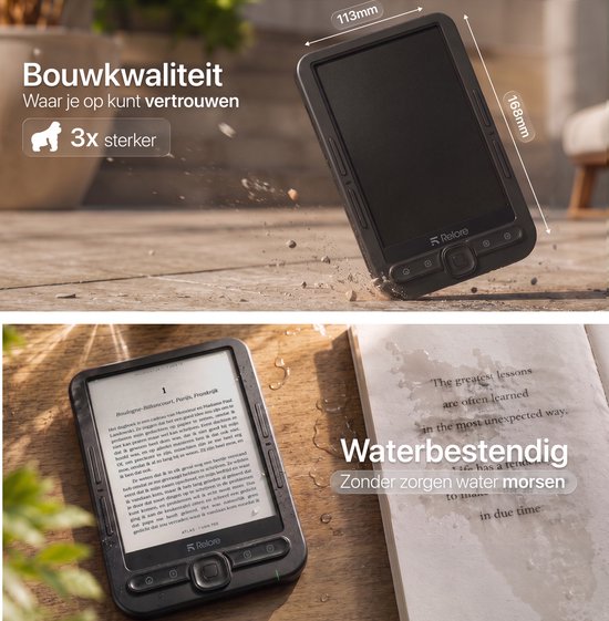 Zwarte Relore e-reader op tafel, met afmetingen 113mm bij 168mm. Waterbestendig.