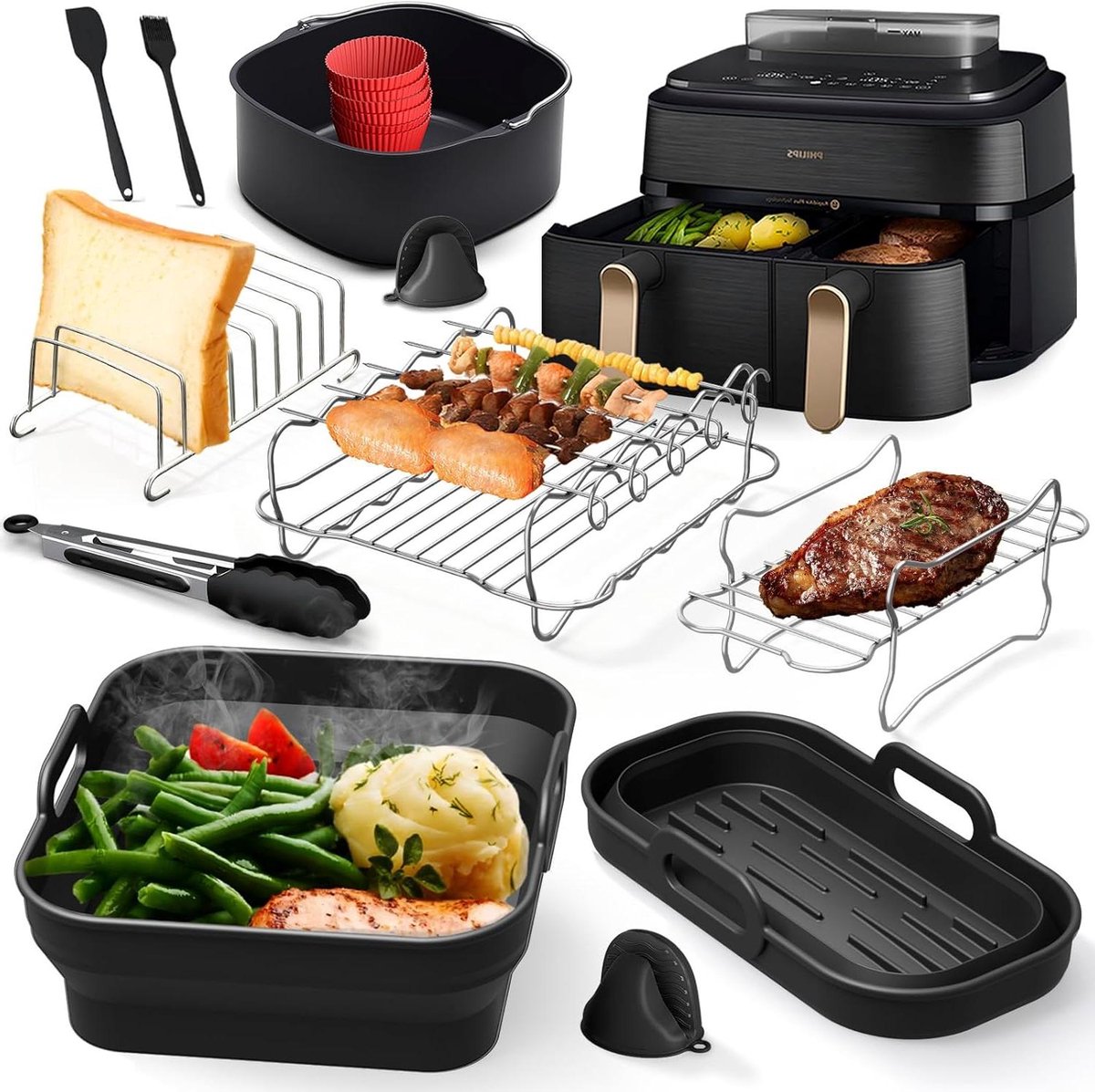Heteluchtfriteuse Accessoires Airfryer Accessoires Set Gezonder Koken Opvouwbaar & Antiaanbaklaag 9 Liter Capaciteit Grijs