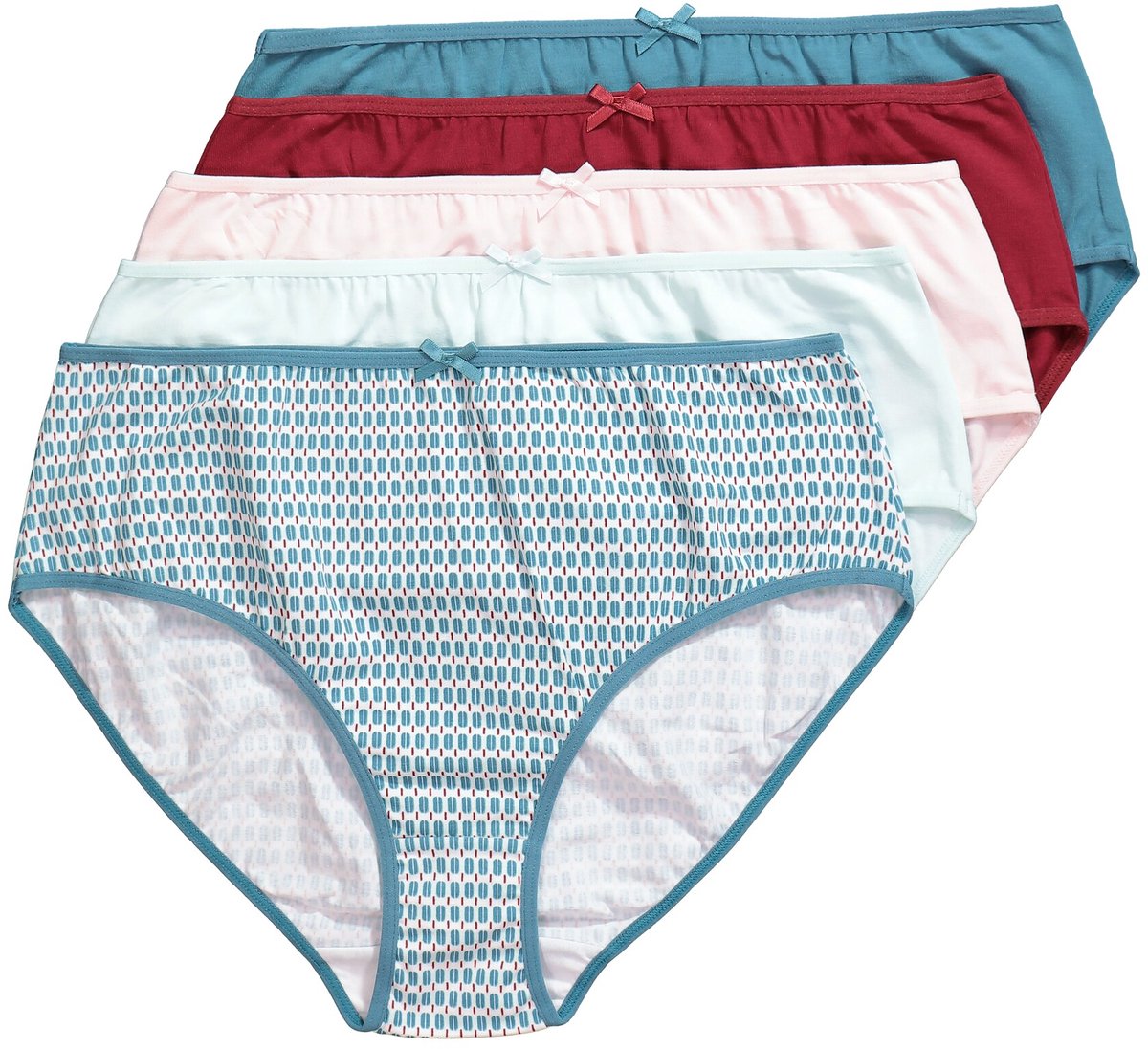 Ulla Popken - Dames - Midi-slips set van 5 motief / effen - Purperrood - Maat 50+