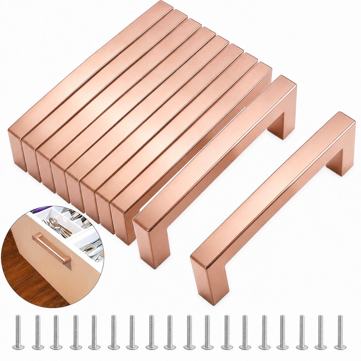 BOTC Handgrepen RVS - Handgreep - Set van 10 stuks - 128 mm - Met 20 schroeven - RVS - Morden Square meubelgrepen - Roségoud