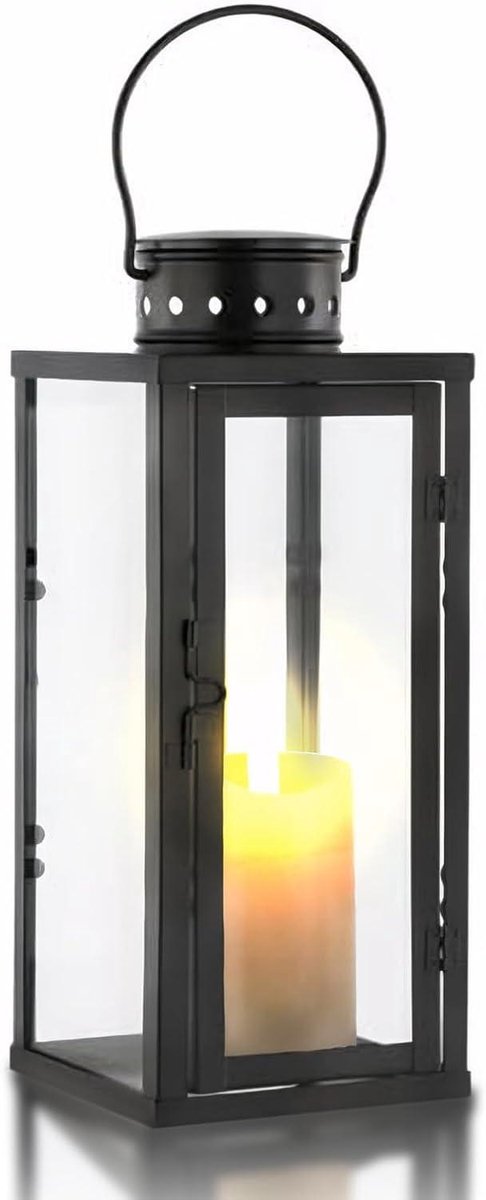 Lantaarn voor buiten - Windlicht metaal - Sfeerverlichting tuin - Weerbestendig frame - 10 x 10 x 24 cm - Zwart