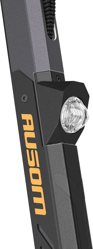 Detail van de lichtunit en het stuur van de grijze Ausom DT2 Pro elektrische scooter, met oranje logo.