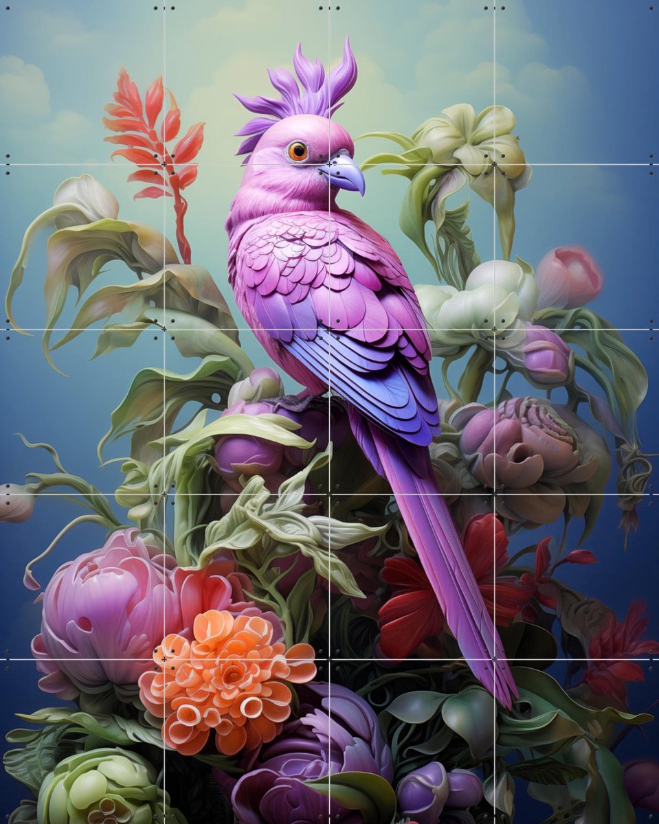 IXXI Purple Bird, OTTI - 80 x 100 cm - Gratis ophangtool - Grote wanddecoratie en posters - Speels, Modern, Digitale Kunst, Kleurrijk, Woonkamer