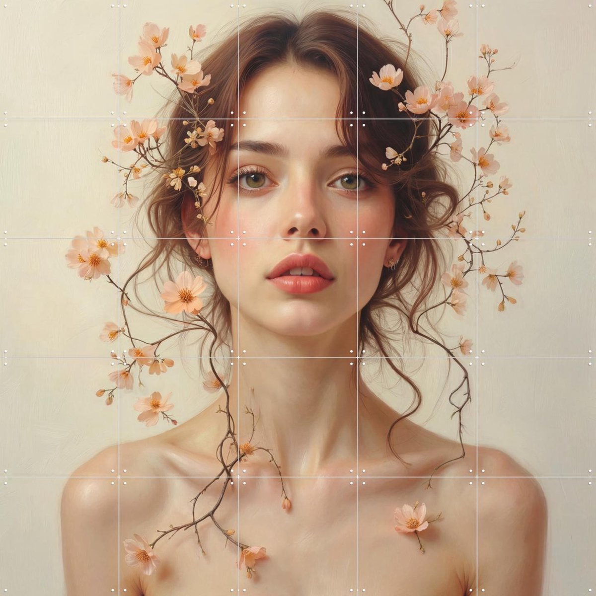 IXXI Blooming Under Her Gaze, IXXI Studio - 100 x 100 cm - Gratis ophangtool - Grote wanddecoratie en posters - Fantasierijk, Surrealisme, Slaapkamer